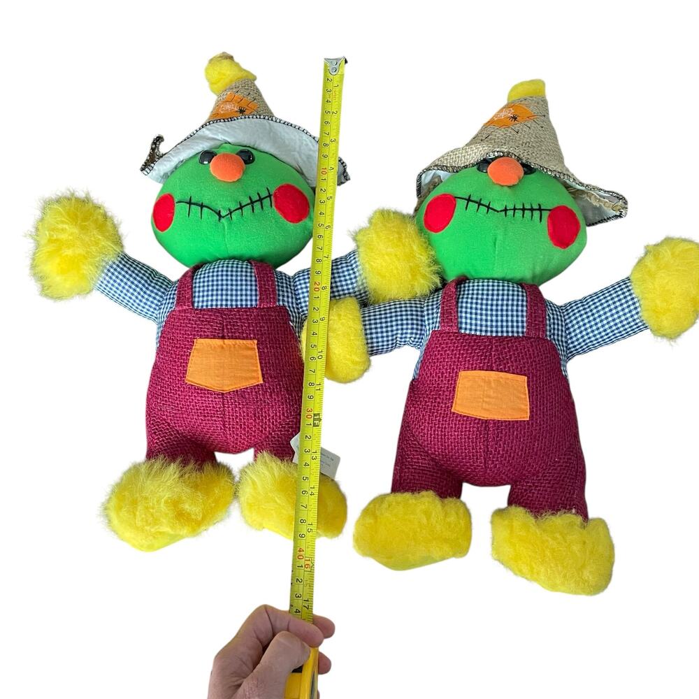 Vintage 1990's Scarecrow Plush Doll Pair Bright Colorful Stuffed Burlap FLAWED